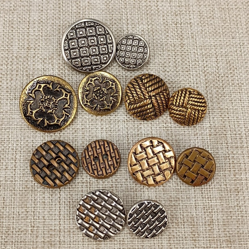 Vintage Metal Buttons Lot Textured Woven Geometric Brass Silver Tone Basket